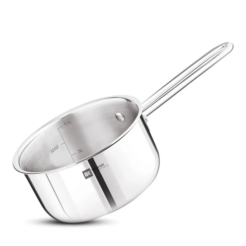 Glossy silver saucepan shown at an angle with its long single handle