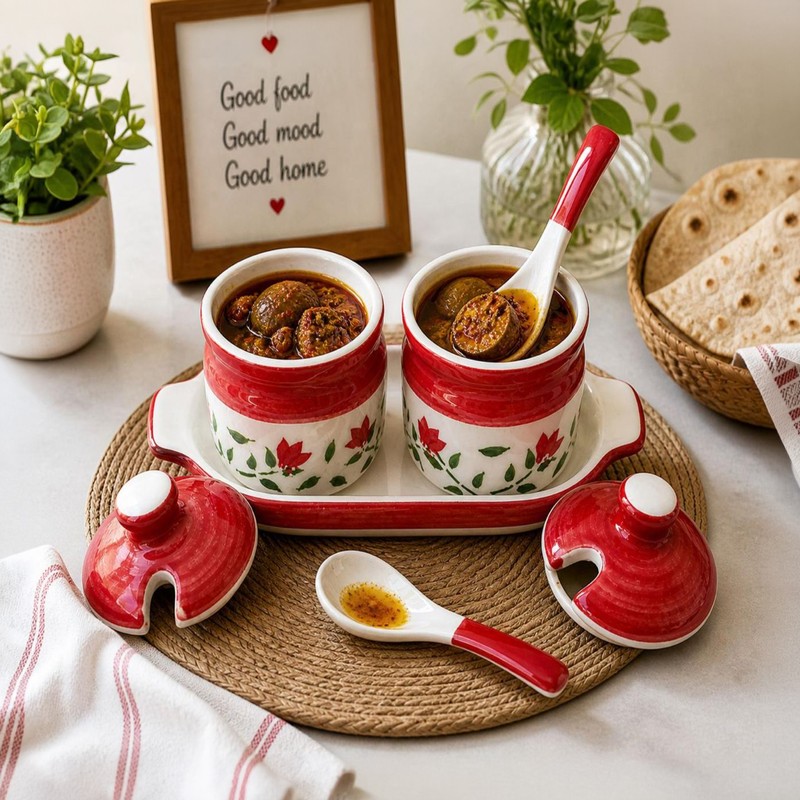 Prezioso Ceramic Condiment Jar With Tray (250 mL Each/Red)- Five Piece Set