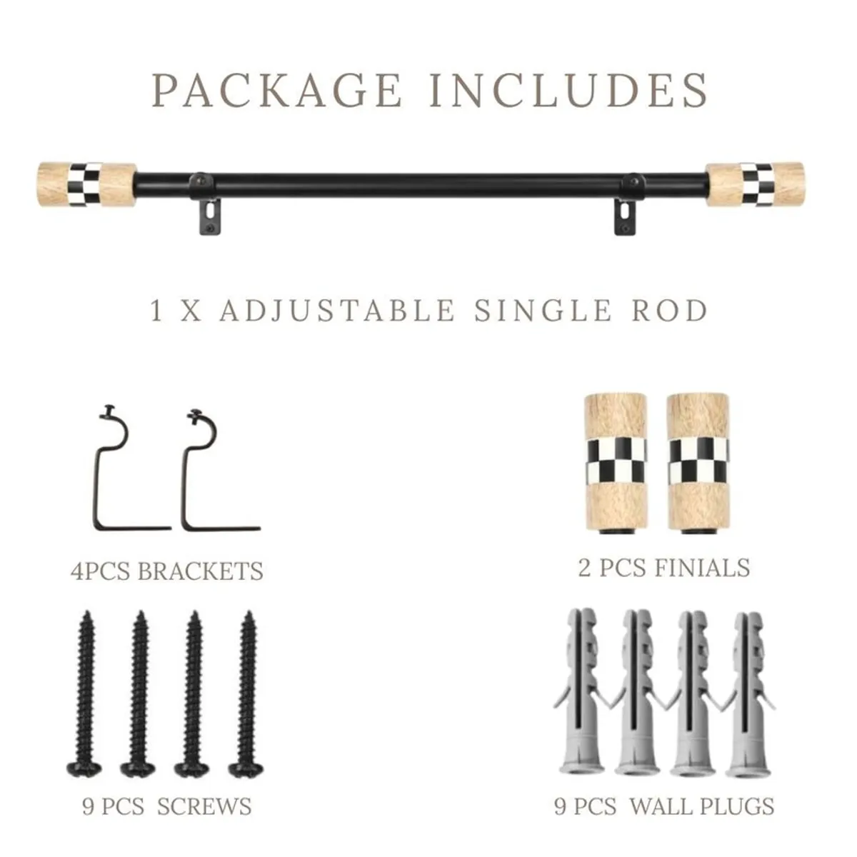 Curtain rod shown with round finials and mounting brackets against a white background