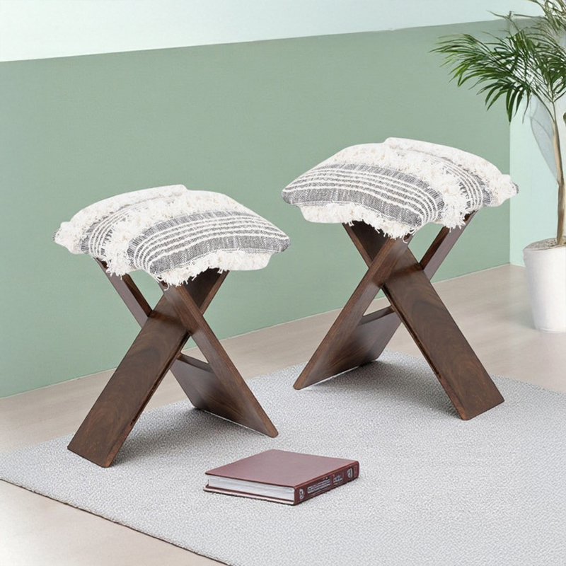 Gavro Sheesham Wooden Stools (Grey) - Set Of Two