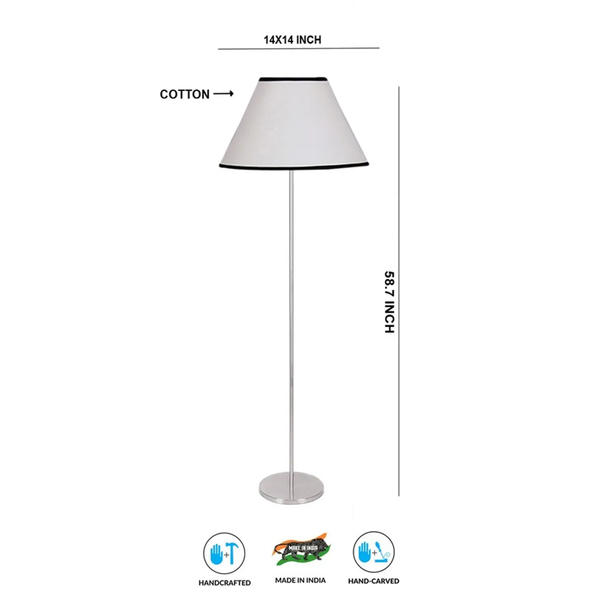Ivory floor lamp with tapered shade shown in a dimension-style product graphic