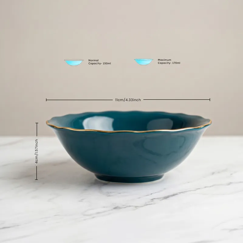Dark teal bowl with scalloped rim and gold edge