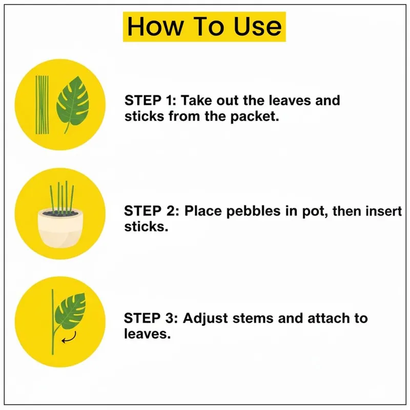 Illustrated assembly steps showing leaves, sticks, pebbles and plant assembly.