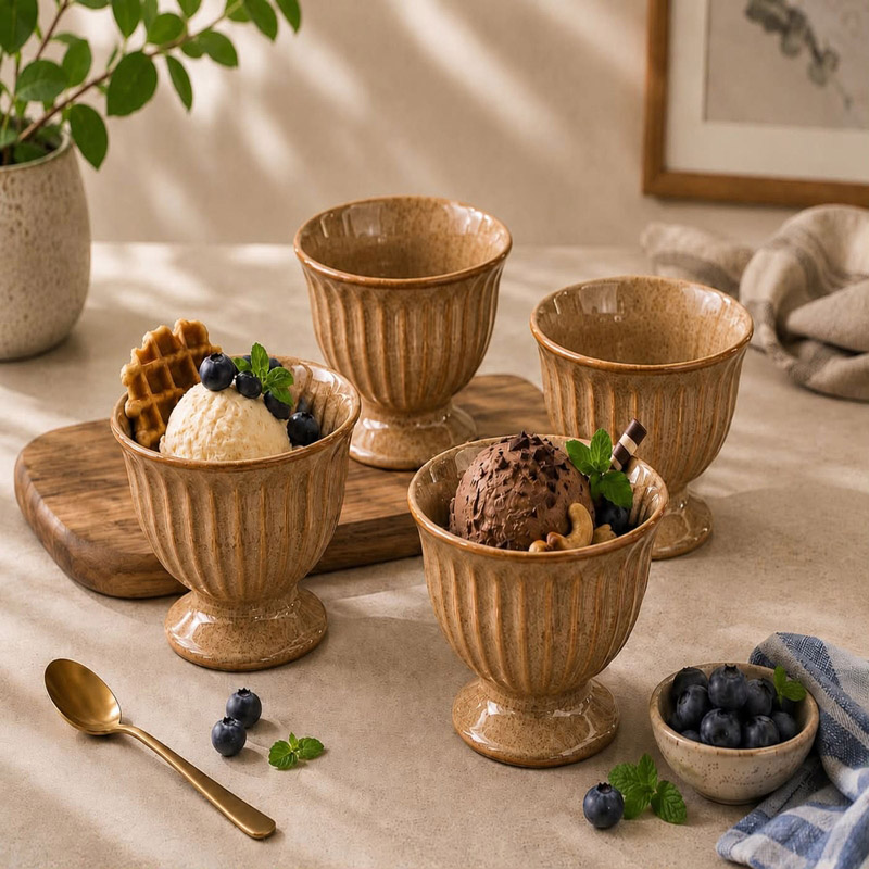 Zucchero Ceramic Ice Cream Cup (250 mL Each/Brown) - Set of Four