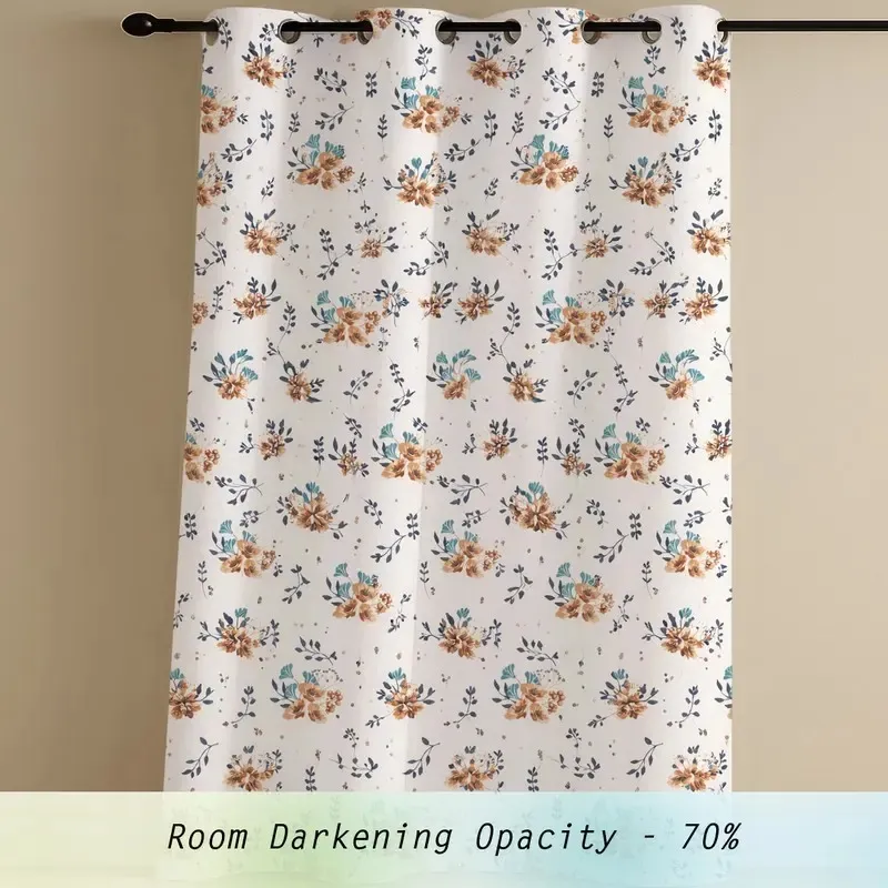 Front view of floral printed eyelet curtain in white with brown and blue accents