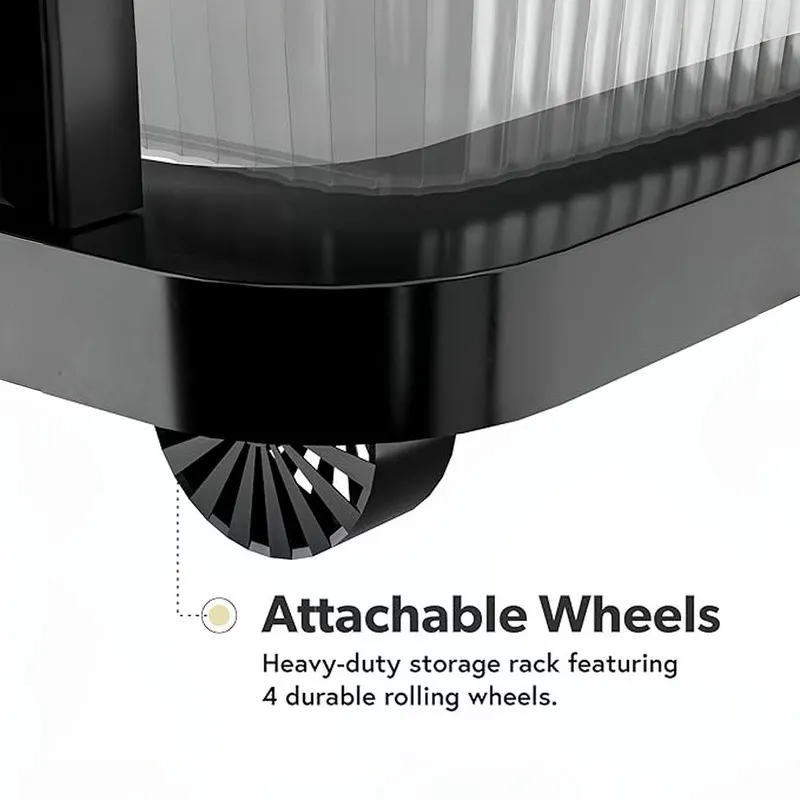 Close-up view of a black rack wheel beneath its base