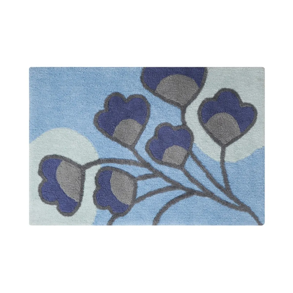Top view of blue and grey bath mat with a vine and blossom pattern.