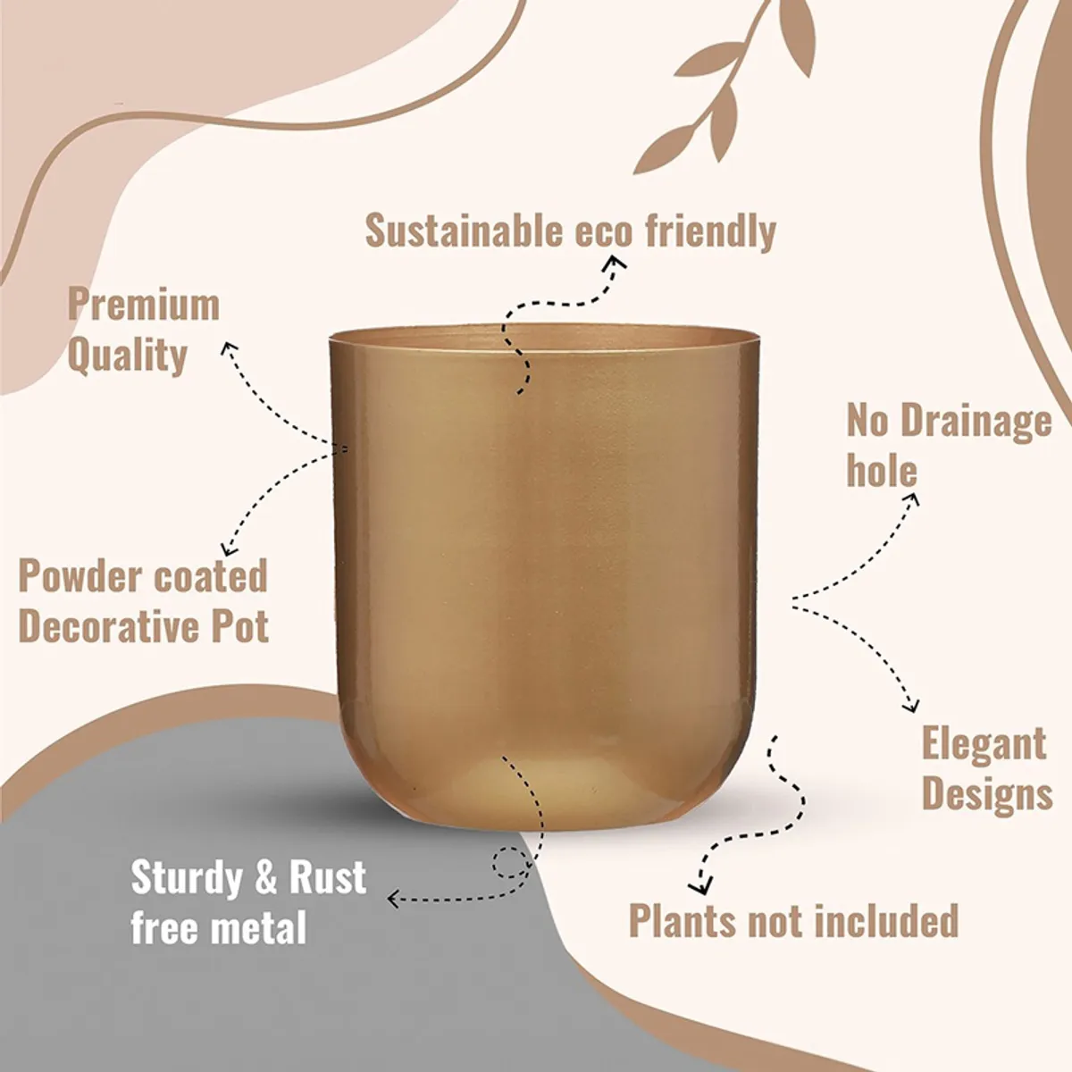 Glossy gold metal planter shown against a decorative background