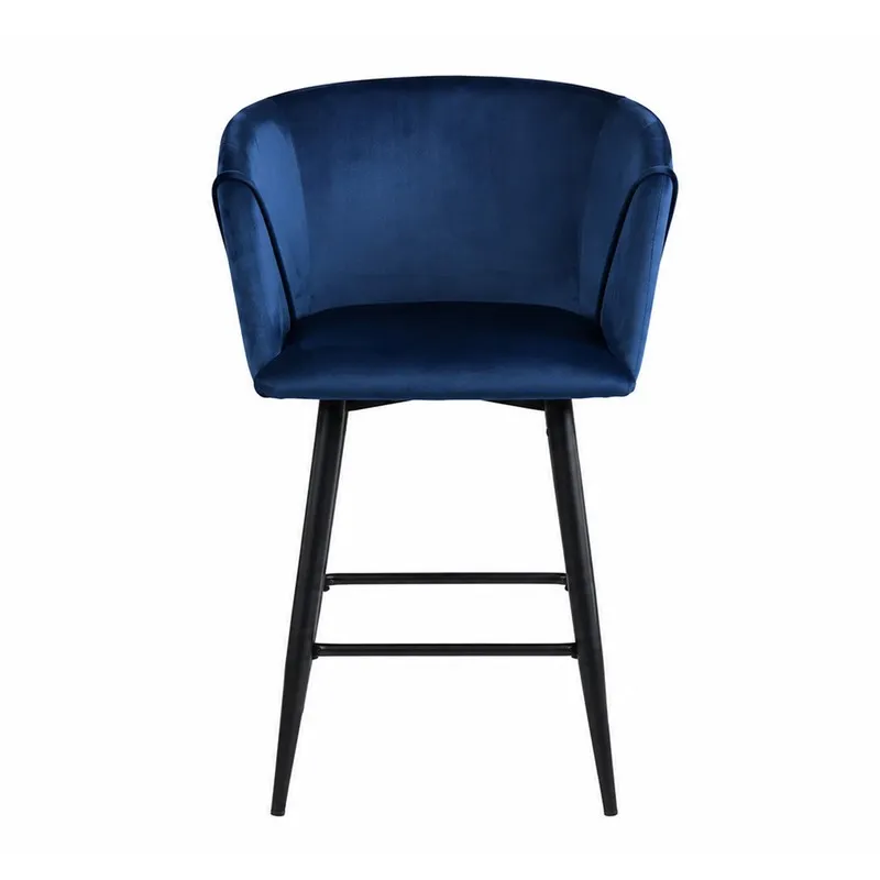 Front view of blue velvet bar chair with black metal legs