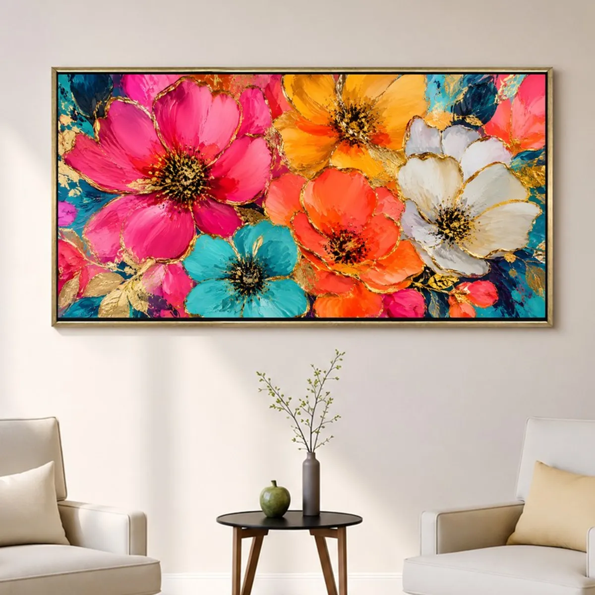 Bright floral canvas wall painting in a gold frame displayed above two armchairs