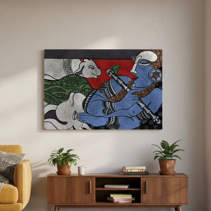 Krishna and Cow Canvas Wall Painting With Frame - Small