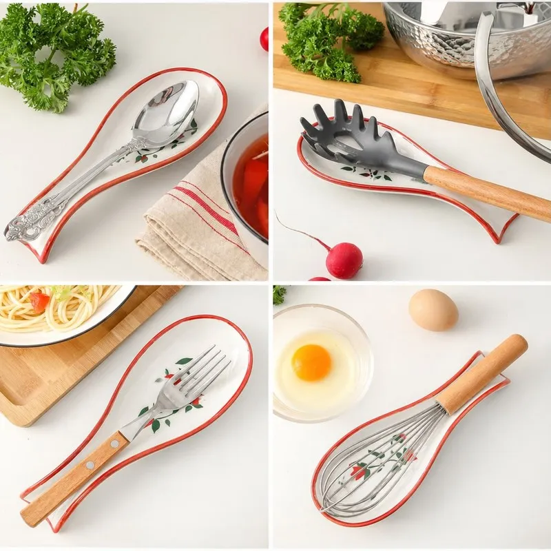 Collage showing floral ceramic spoon rests holding different kitchen utensils