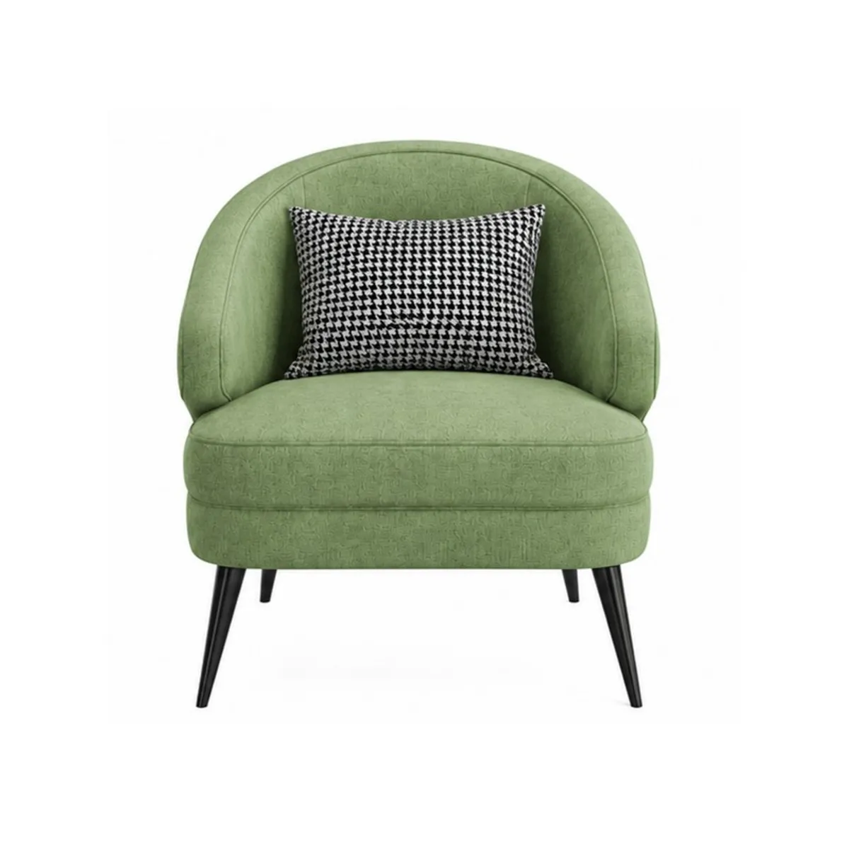 Front view of a sage green rounded accent chair with black tapered legs