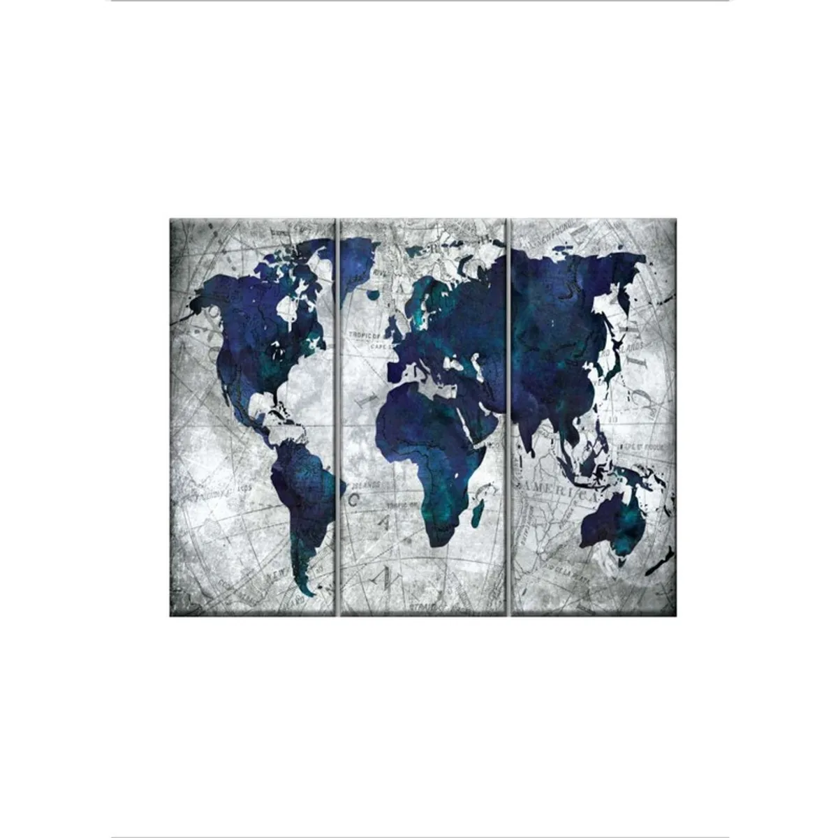 Front view of the three-panel world map canvas artwork