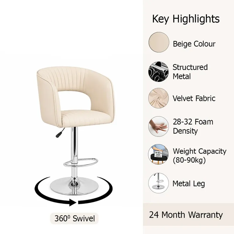 Off white bar chair with curved back, chrome base and ribbed upholstery