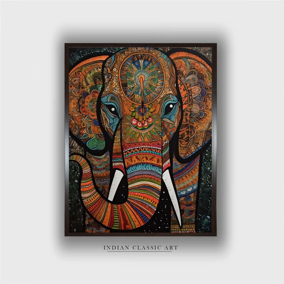 Front view of framed multicolour elephant canvas wall painting