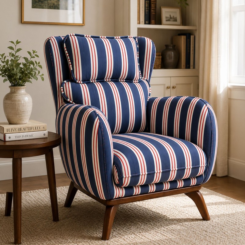 Melloway Teak Wood & Suede Lounge Chair - Blue & Pink