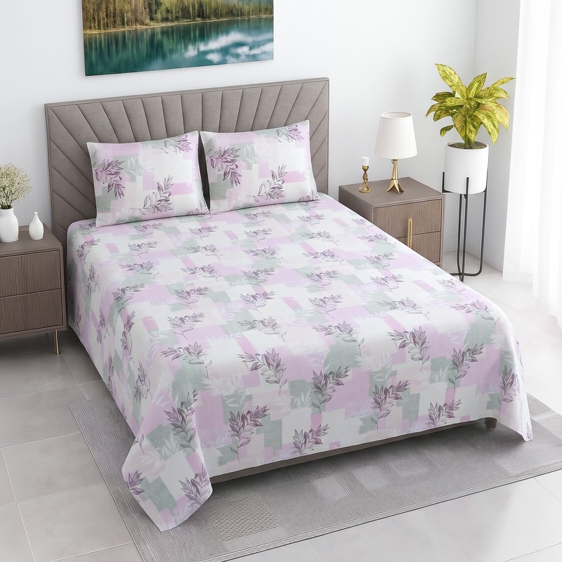 Floral Retreat Cotton Bedsheet (Lavender) - 400 TC - Queen/Double