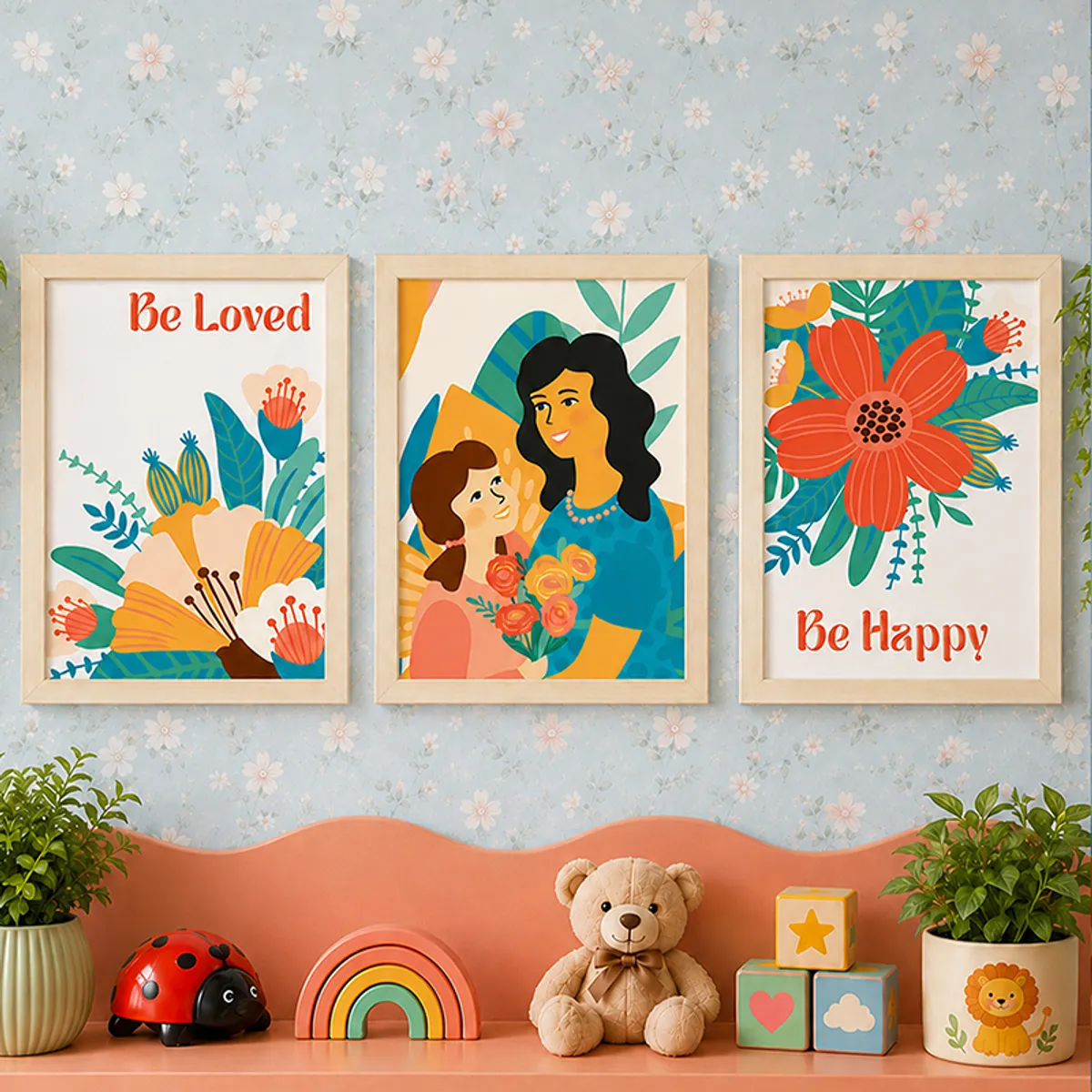 Three framed multicolour art prints with a mother-child portrait and text accents