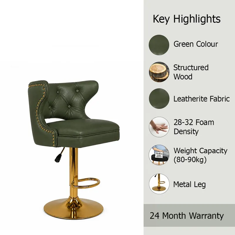 Green swivel bar stool shown beside a key highlights graphic
