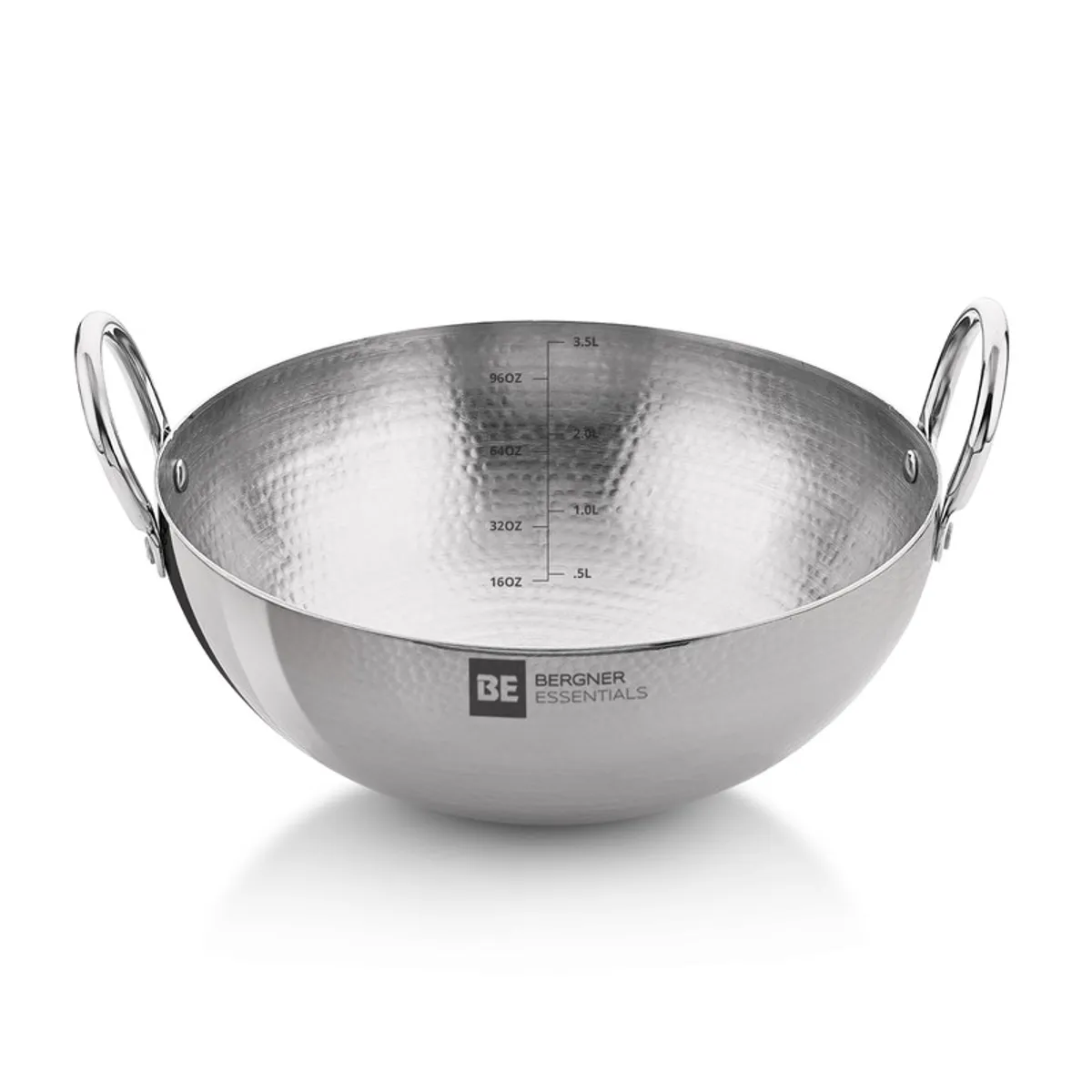 Silver hammered kadhai shown from the front with two loop handles