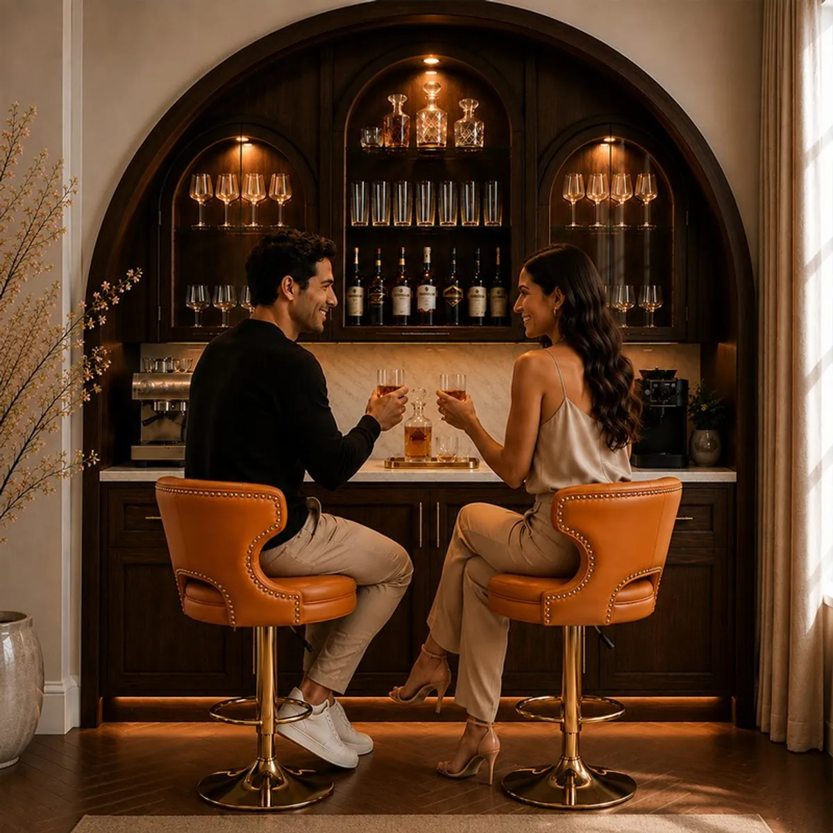 Two orange swivel bar stools styled at a dark home bar