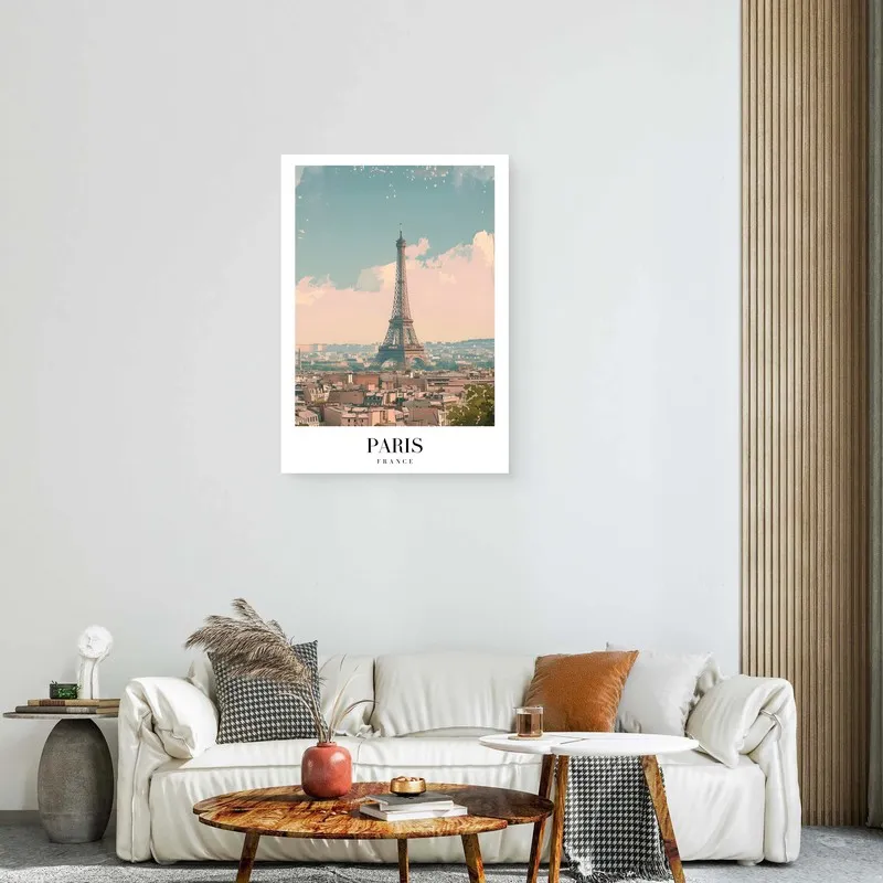Paris wall art displayed above a white sofa in a warm contemporary living room