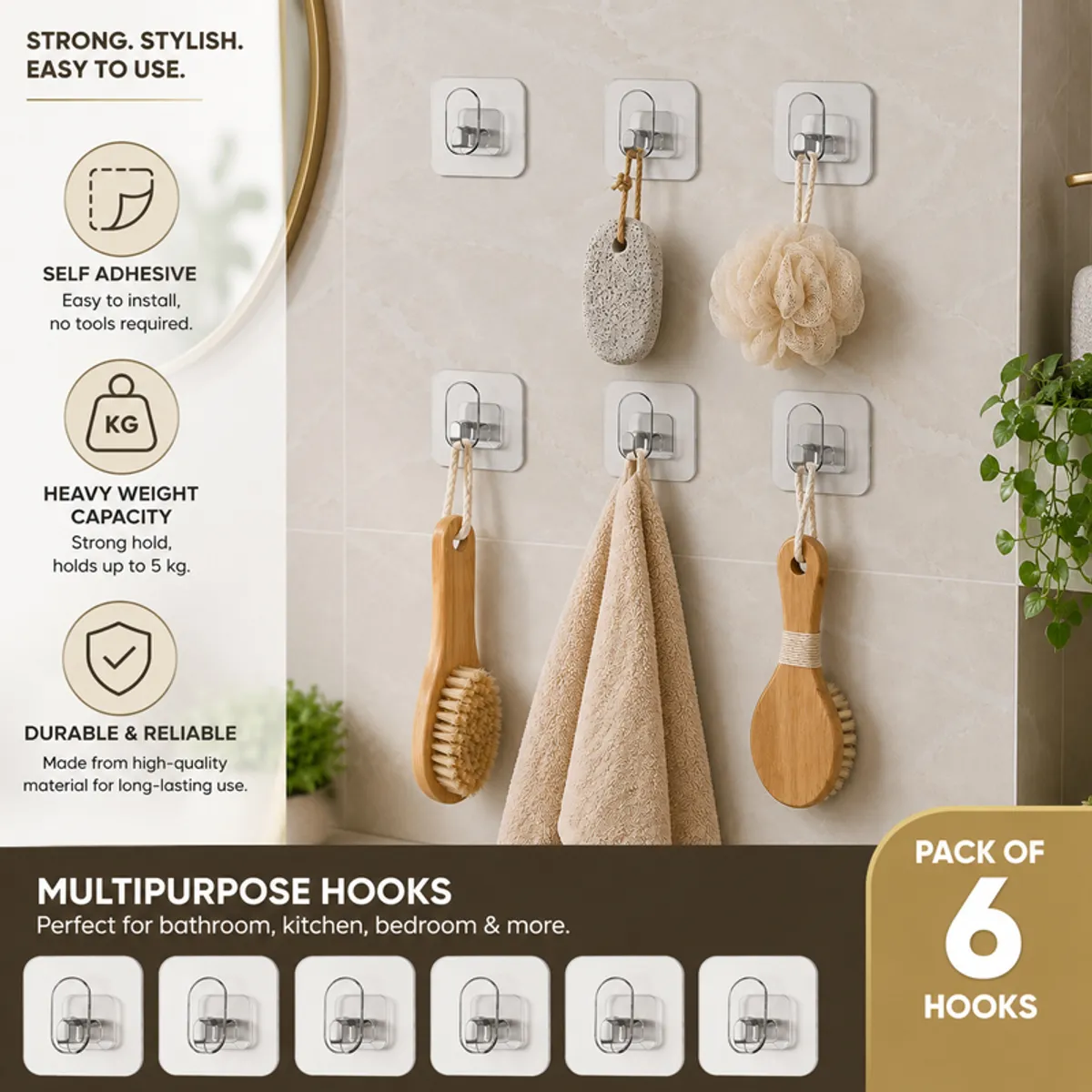 Six white and transparent wall hooks shown installed with feature callouts and home-use examples.