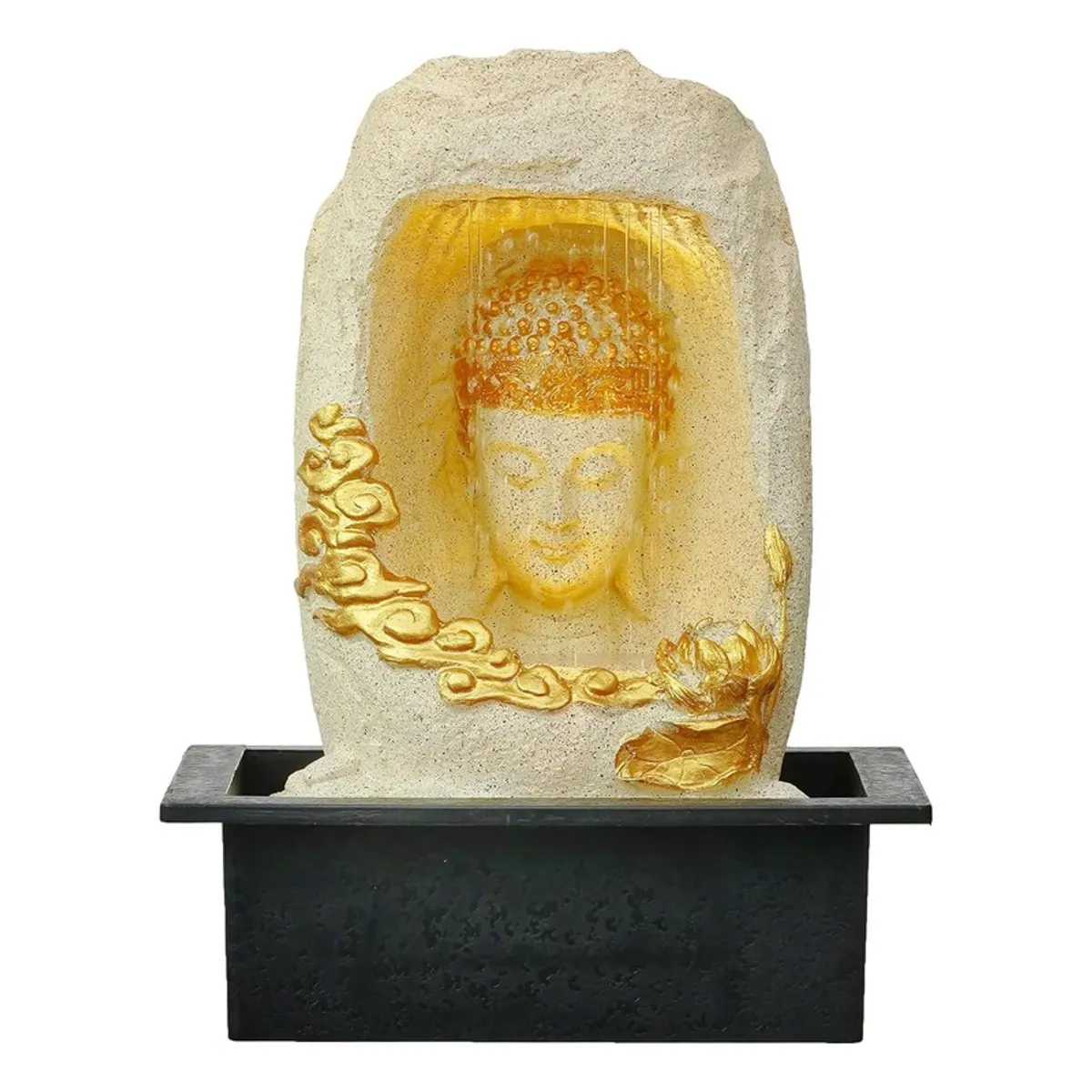 Front view of Buddha LED fountain on a white background