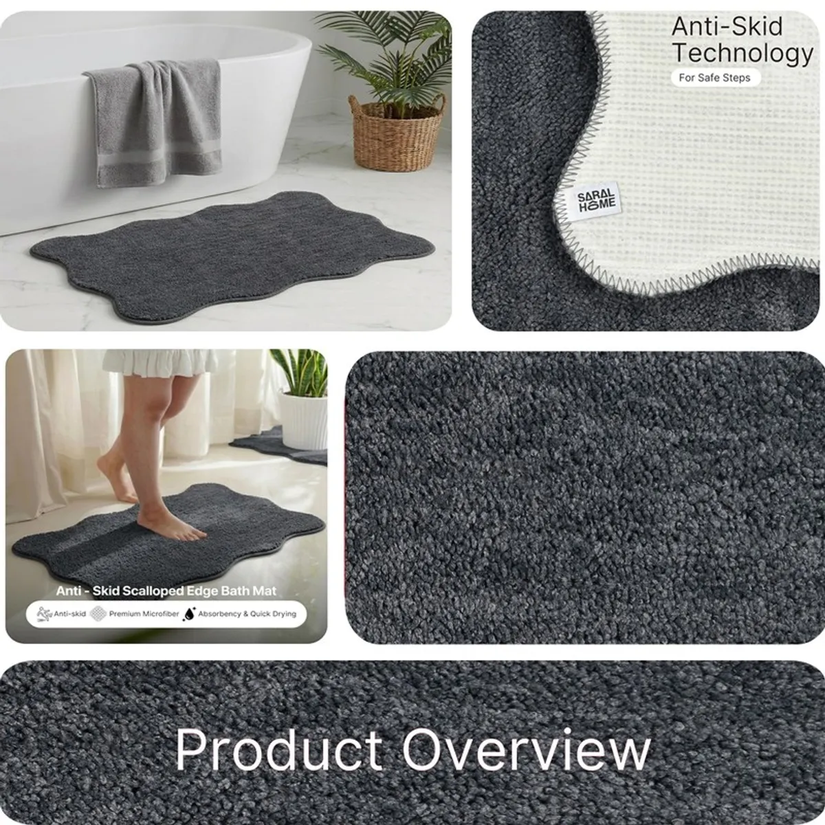 Charcoal grey bath mat shown in a bathroom with close-up texture panels