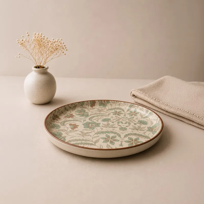Single round beige and green patterned dinner plate with a brown rim