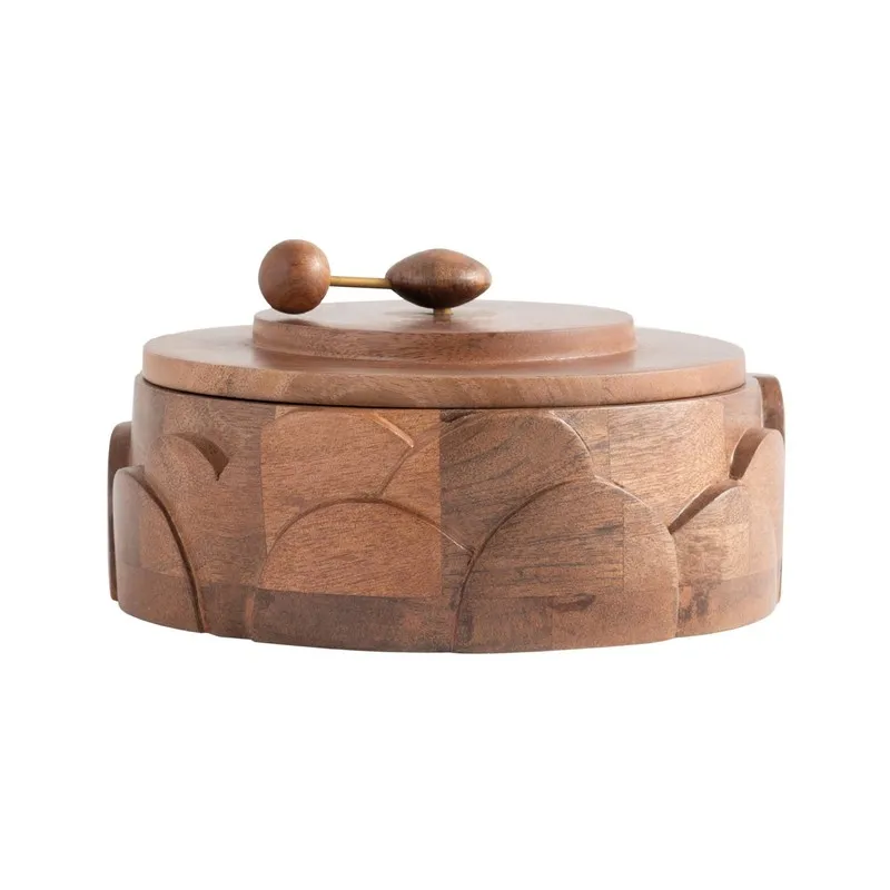 Front view of a round brown wooden masala box with glossy finish and carved petal-arch design.
