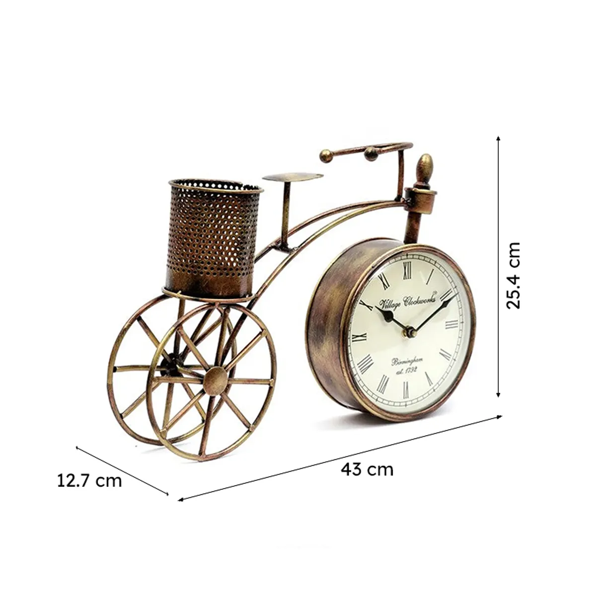 Copper cycle-shaped table clock shown with dimensional arrows