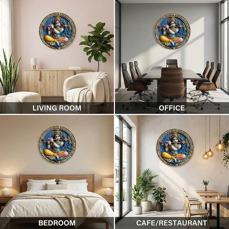 Round Krishna wall art shown in living room, office, bedroom and cafe settings