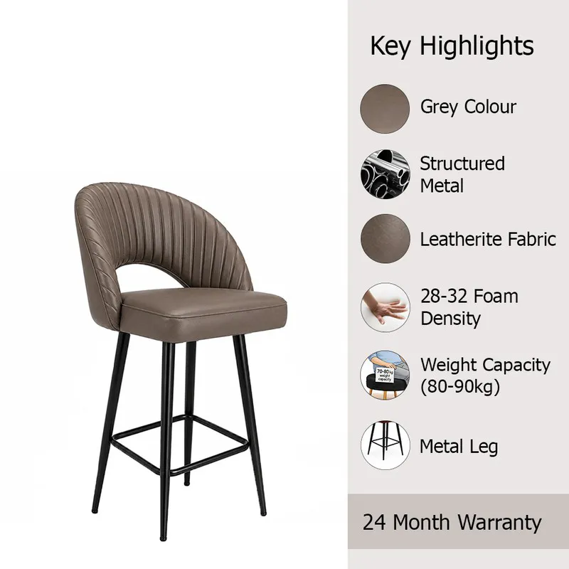 Grey ribbed bar chair with black metal legs on a product highlight graphic