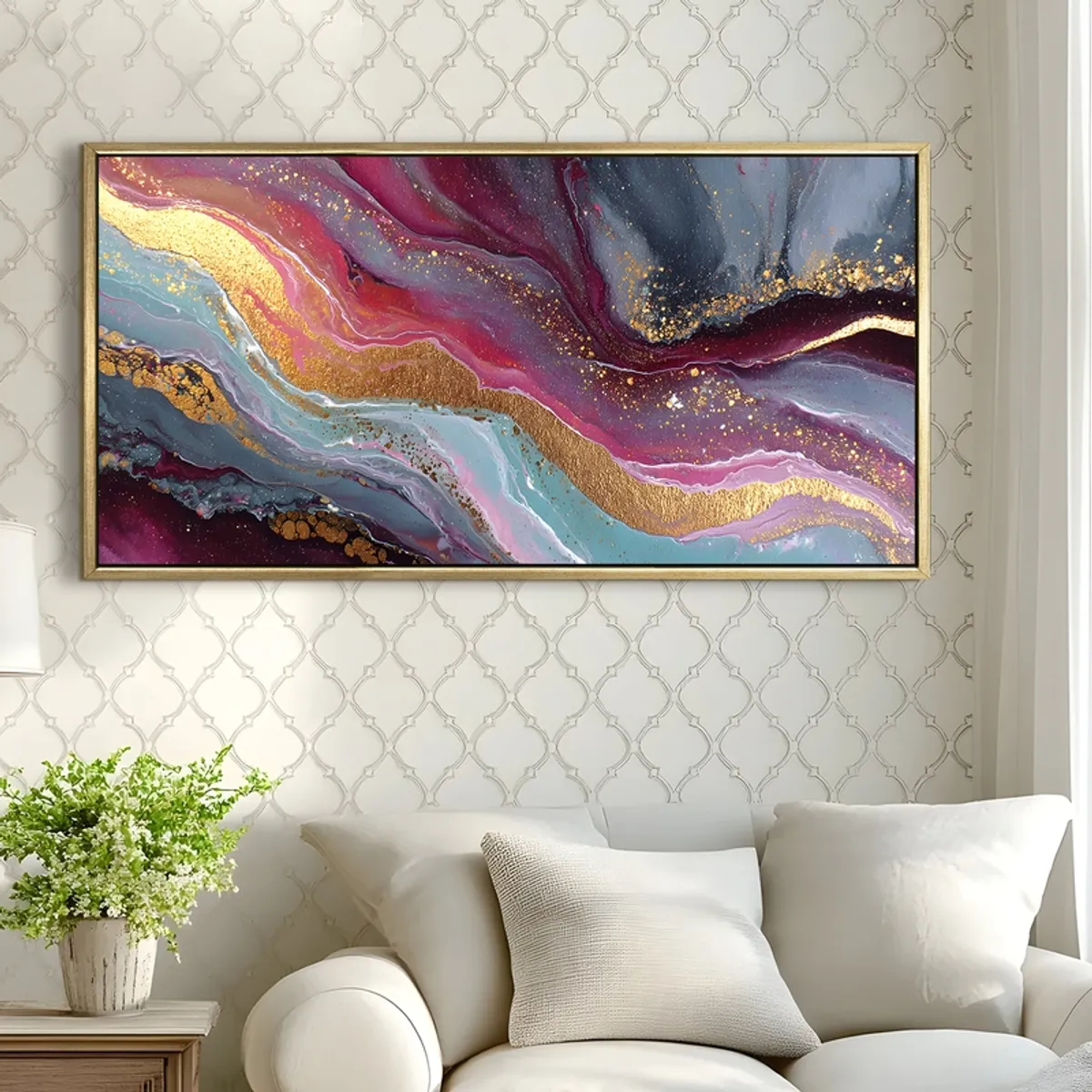 Large framed abstract wall painting in gold, plum and blue tones on a patterned wall