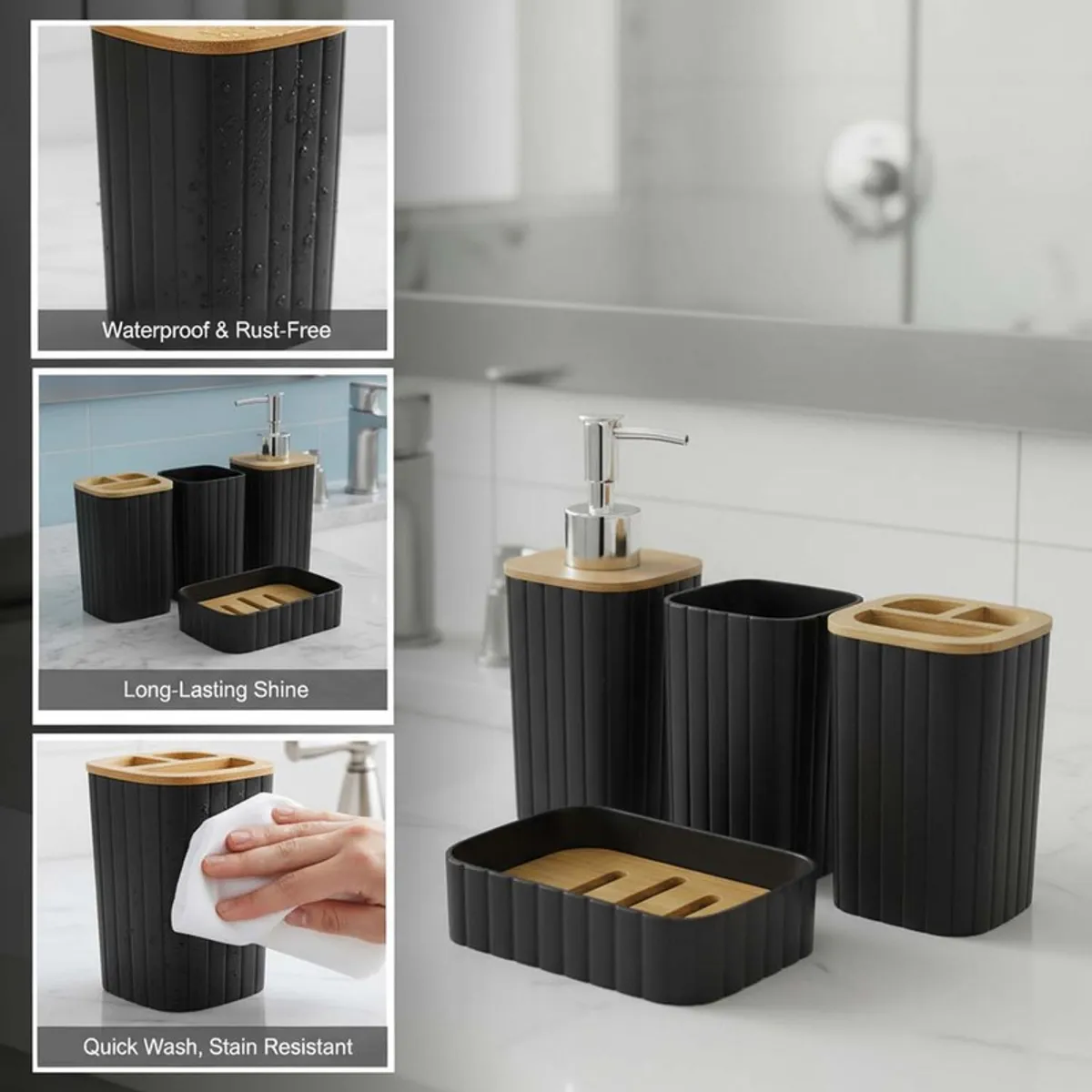 Black ribbed bathroom accessories shown with water droplets and a wipe-clean surface.