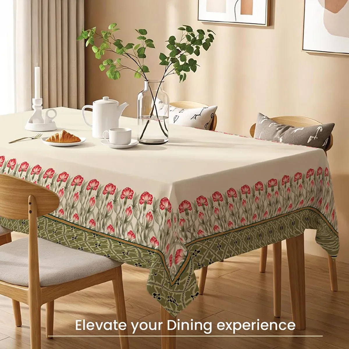 Dining table styled with a rectangular printed table cover