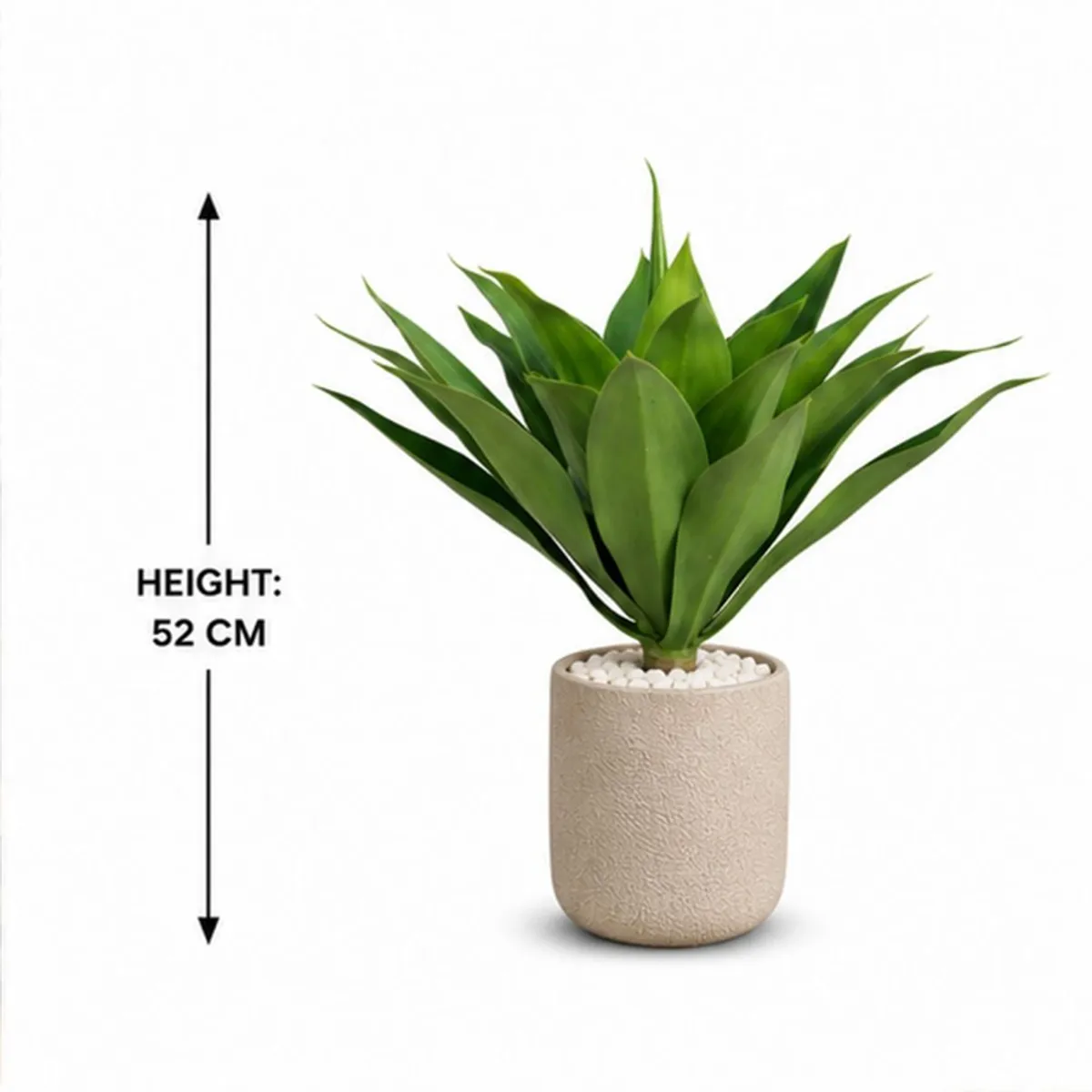 Green artificial succulent plant shown with a height reference beside it