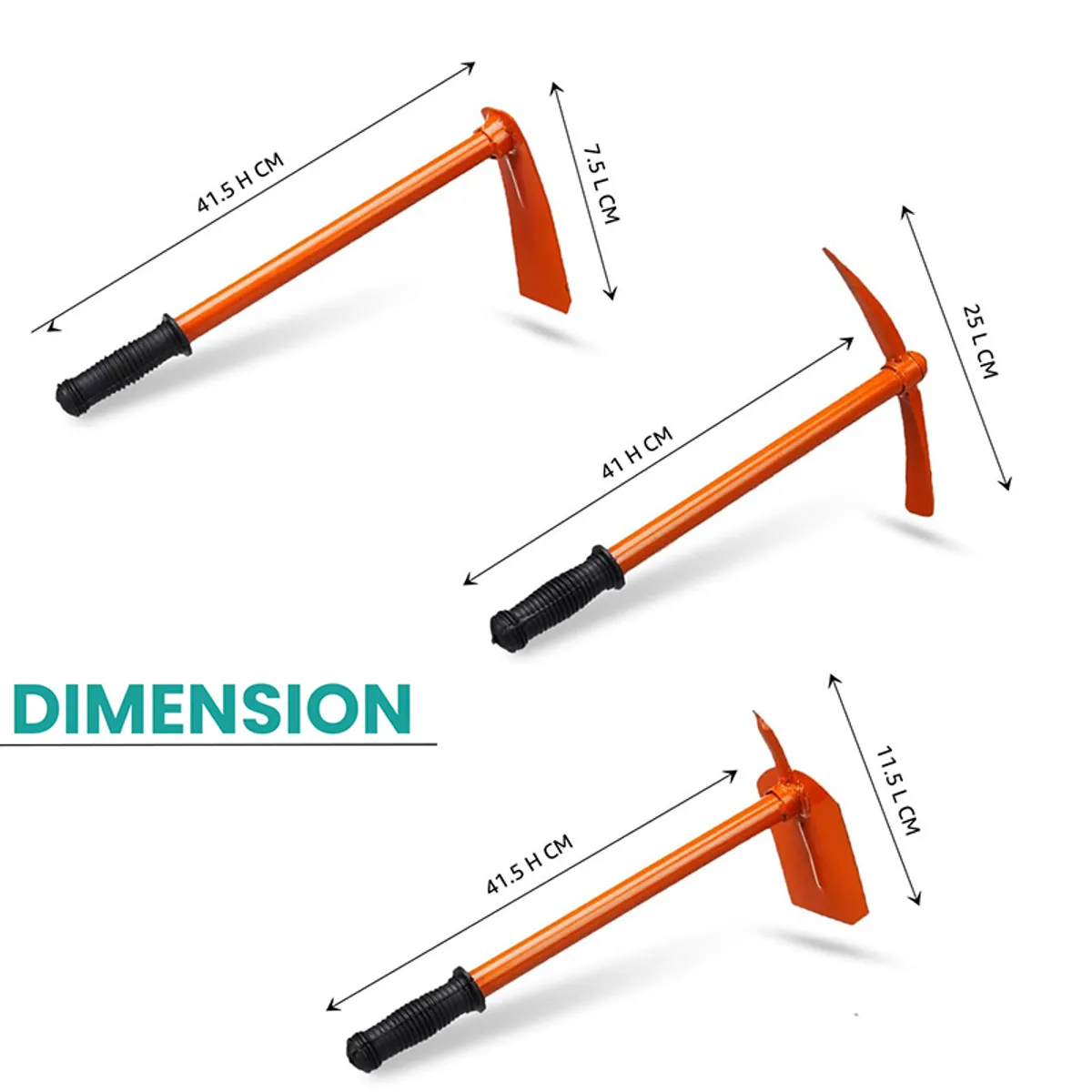 Three orange garden tools shown with dimension arrows on a white background