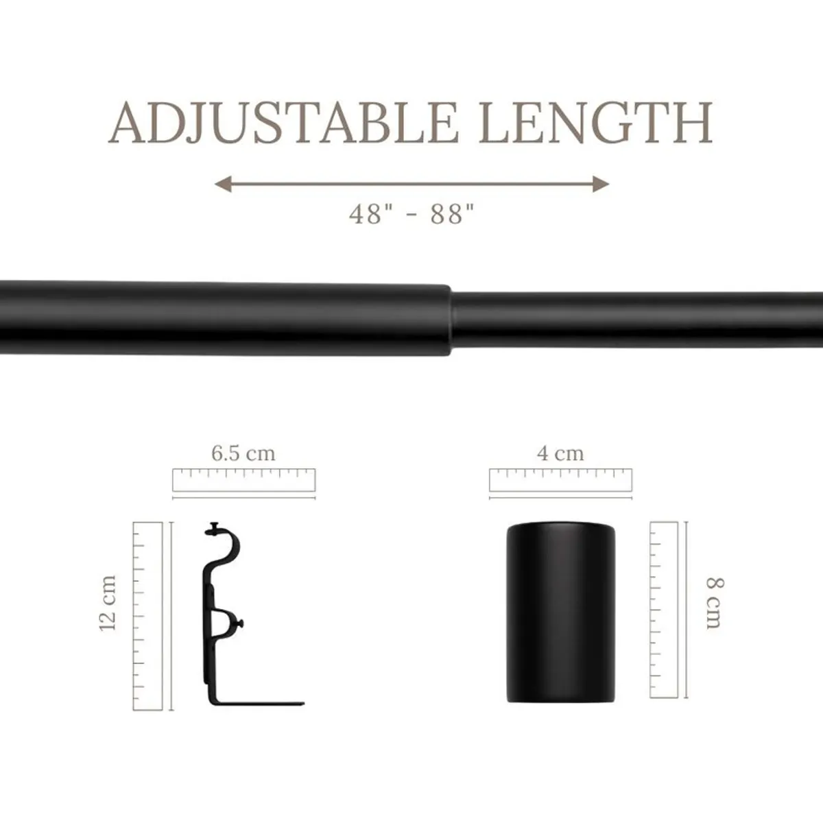 Black extendable double curtain rod shown with a mounting bracket and finial