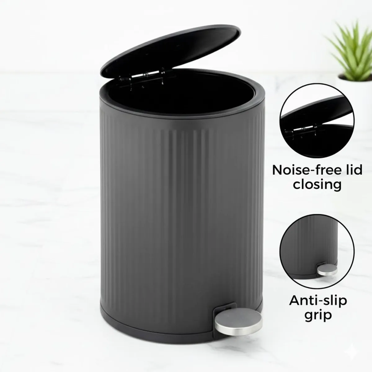 Grey ribbed pedal dustbin with open lid