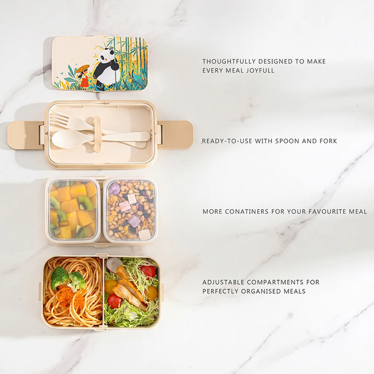 Bento lunch box shown open with separate containers and included cutlery