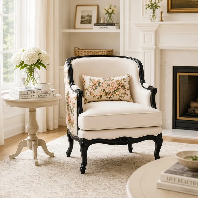 Off-white accent chair with black frame and floral side panels beside a fireplace