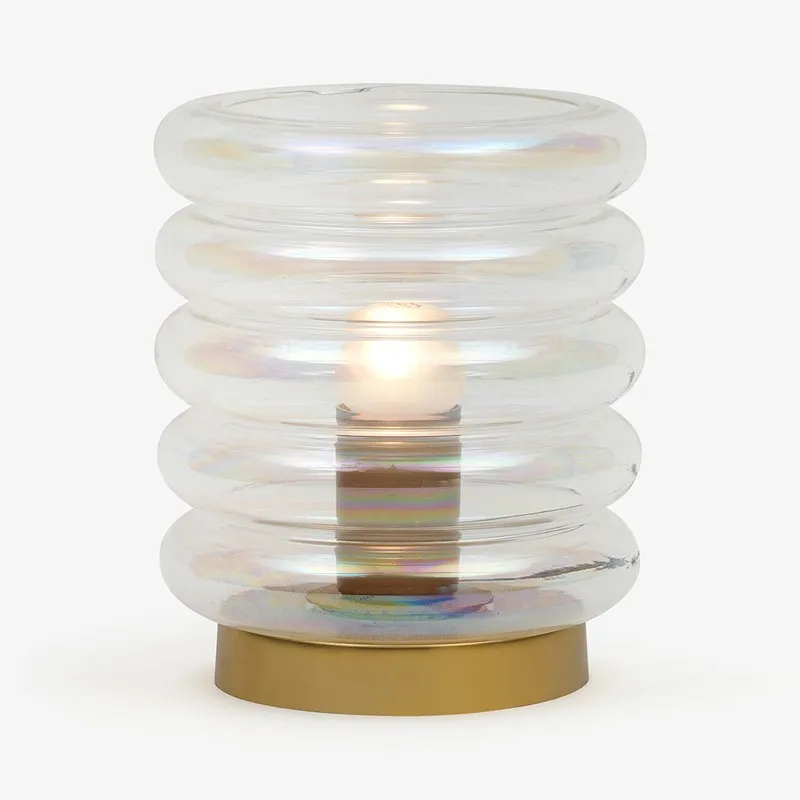 Front view of bubble glass table lamp with clear ribbed shade