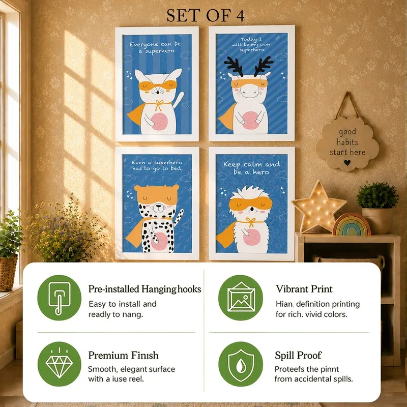 Four framed superhero animal prints with feature icons below