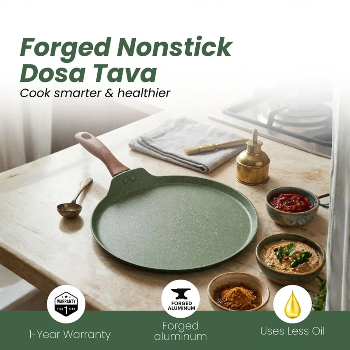 Moss green non-stick dosa tawa styled with bowls and cooking ingredients