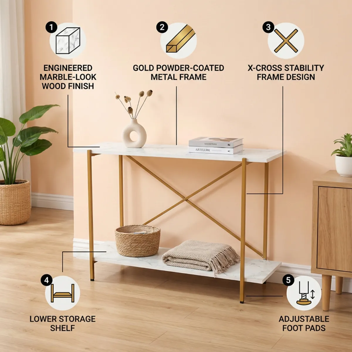 Console table showing white marble-look surfaces, gold frame and lower shelf.