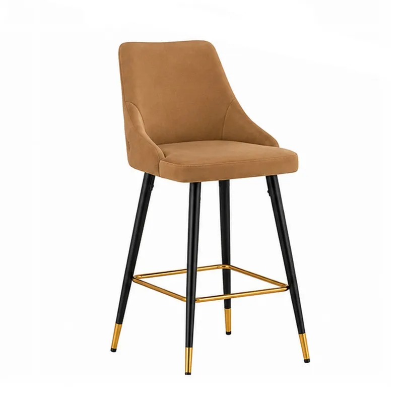 Front angled view of a brown bar chair with black legs and gold-toned footrest