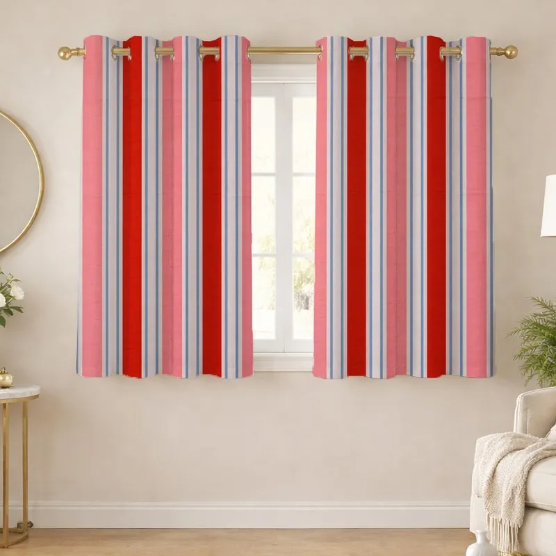 Red and Pink stripes 100% Cotton Room Darkening Curtains with Eyelet hanging, styled view